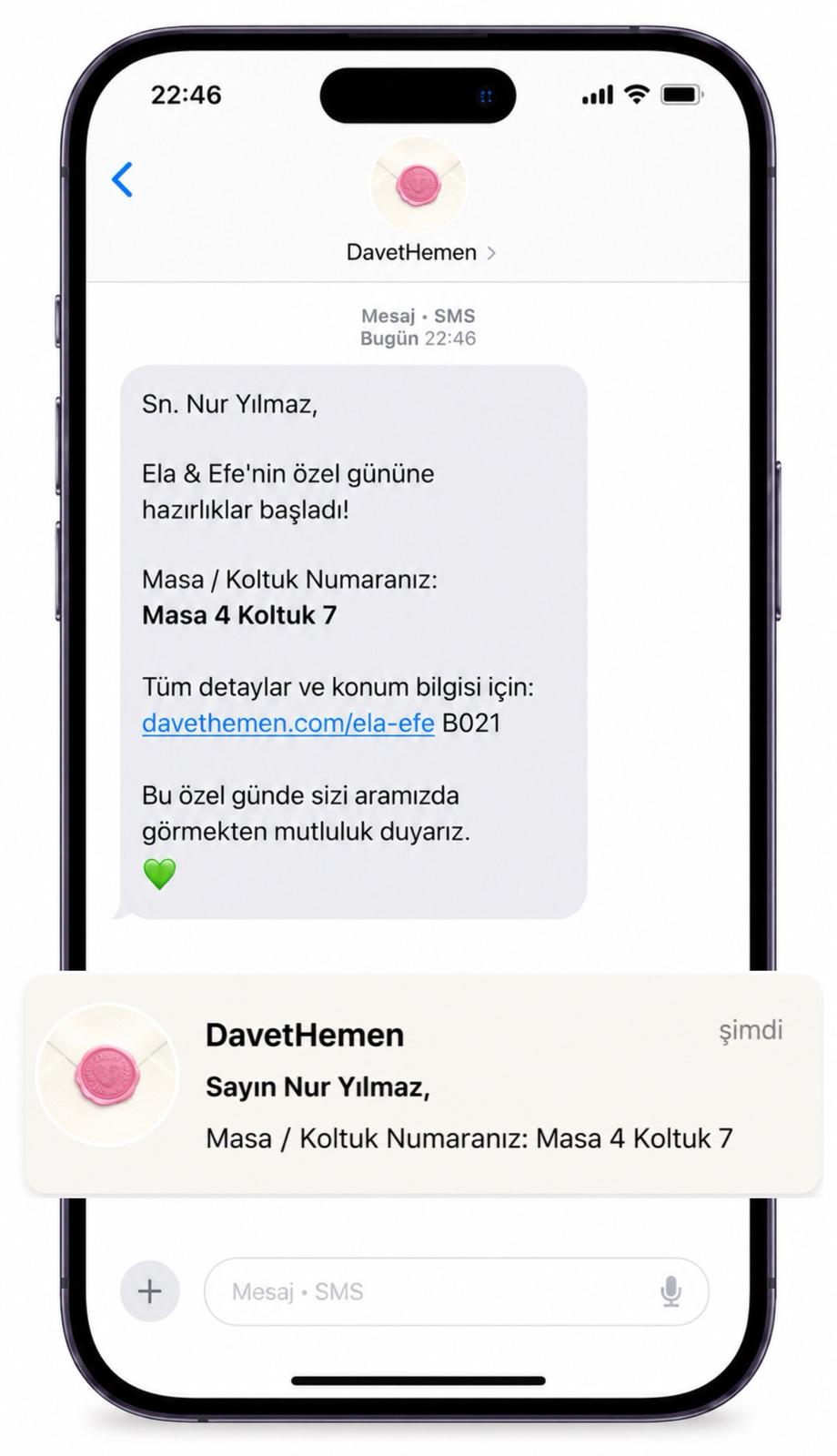 SMS hatırlatma mockup